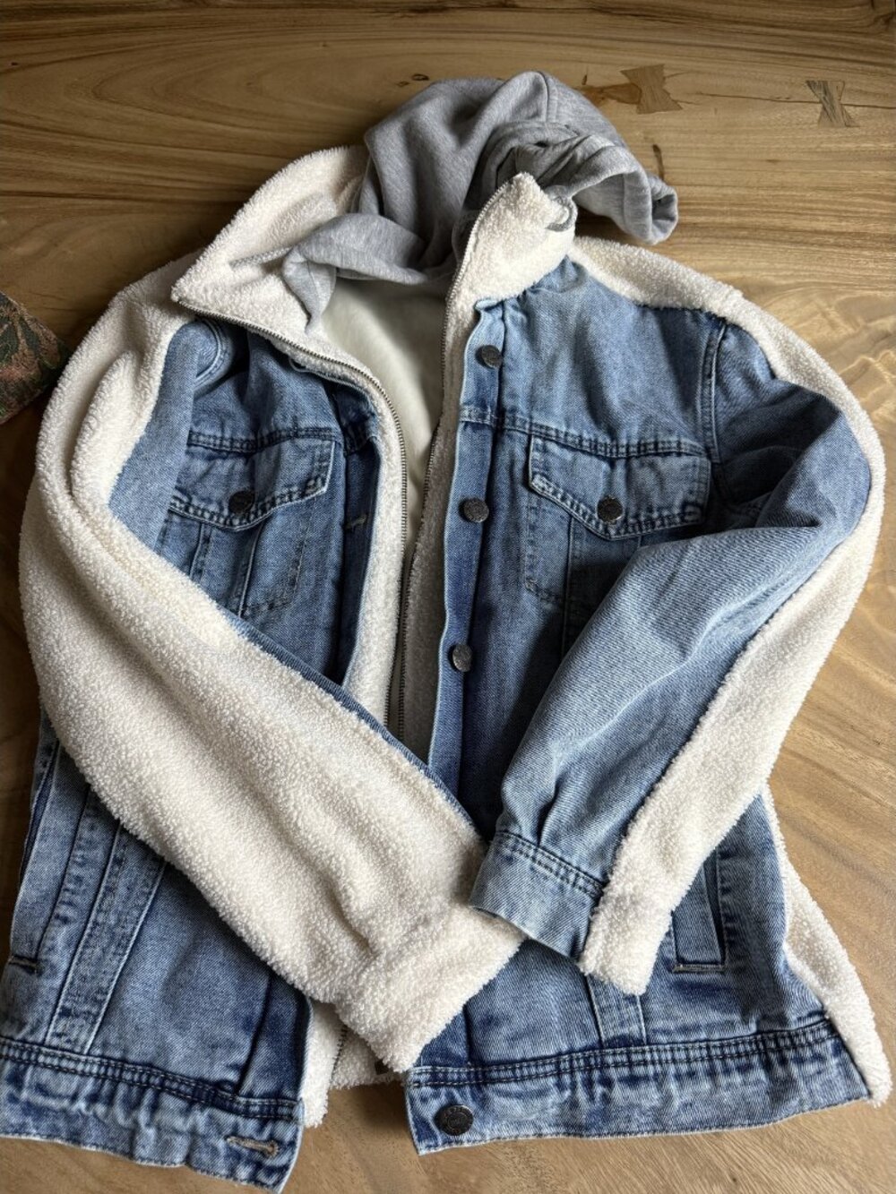 BKE Hooded Sherpa Lined Denim Jacket Gray Fleece Sleeves Size S